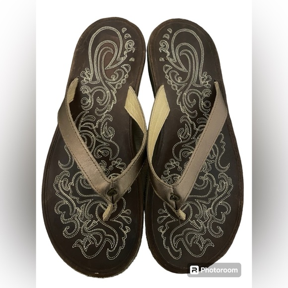 Olukai Polukai Paniolo Leather Flip Flops Sandals Natural Brown - Picture 2 of 3